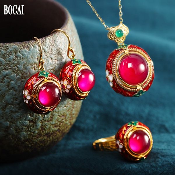 2021 new ethnic style necklace+ring+ earring real s925 sier jewelry set burnt blue enamel women's red corundum pendant 6k3m, Silver
2021 new ethnic style necklace+ring+ earring real s925 sier jewelry set burnt blue enamel women's red corundum pendant 6k3m, Silver