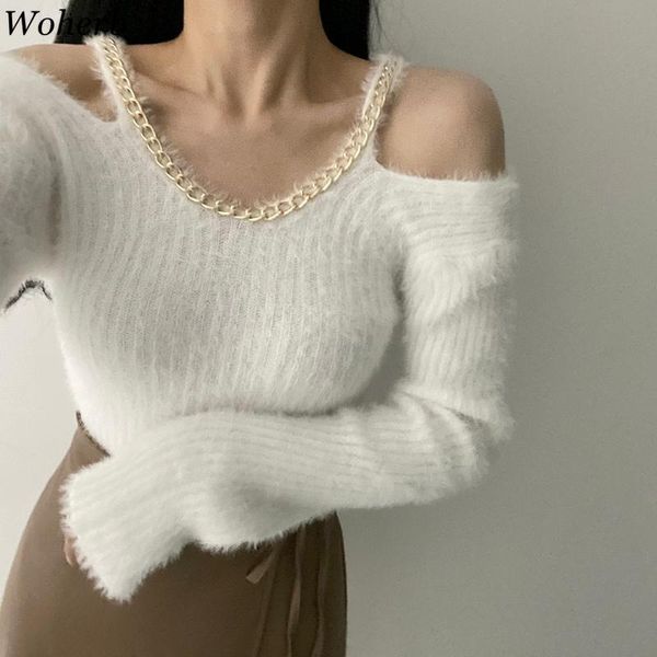 women's sweaters woherb 2021 woman slim fit chic chain pull femme off shoulder knitted pullovers mujer korean sweet jumper, White;black
women's sweaters woherb 2021 woman slim fit chic chain pull femme off shoulder knitted pullovers mujer korean sweet jumper, White;black
