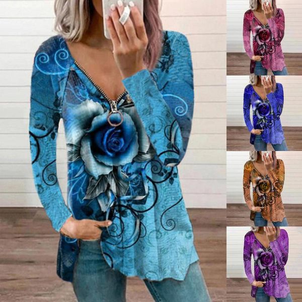 women's t-shirt 2021 summer womens v-neck zipper rose flower printed long-sleeve fashion casual loose ladies, White
women's t-shirt 2021 summer womens v-neck zipper rose flower printed long-sleeve fashion casual loose ladies, White
