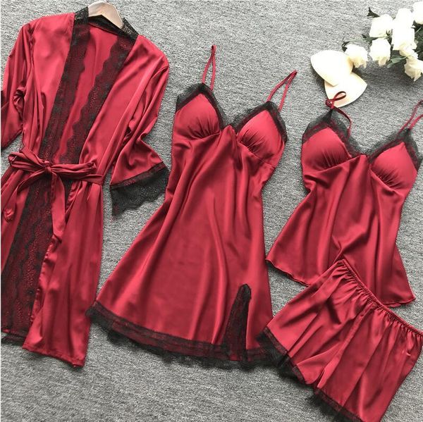 women's sleepwear four-piece silk pajamas spring and autumn thin sling nightdress, Black;red
women's sleepwear four-piece silk pajamas spring and autumn thin sling nightdress, Black;red