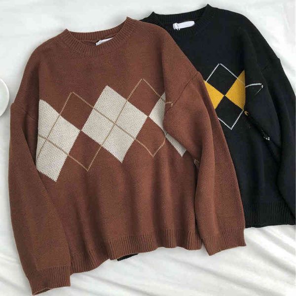 women's sweater, large argyle sweater, fashion, korean long sved women's winter clothing., White;black
women's sweater, large argyle sweater, fashion, korean long sved women's winter clothing., White;black