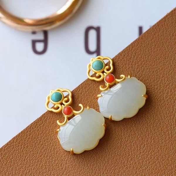 stud s silver inlaid natural hetian white jade purse ruyi small lock earrings retro temperament charm senior women's brand jewelry, Golden;silver
stud s silver inlaid natural hetian white jade purse ruyi small lock earrings retro temperament charm senior women's brand jewelry, Golden;silver
