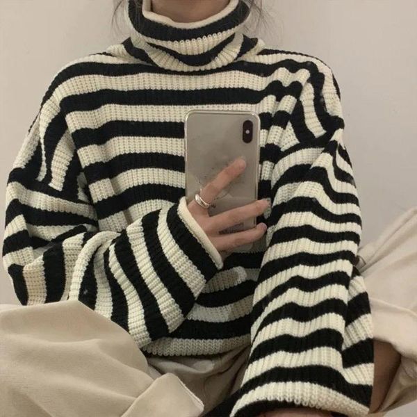 women's sweaters striped sweater women harajuku winter knitted pullover vintage long sleeve thickening loose warm turtleneck, White;black
women's sweaters striped sweater women harajuku winter knitted pullover vintage long sleeve thickening loose warm turtleneck, White;black