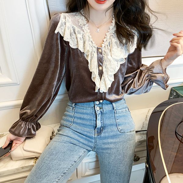 new fashion blouse women korean spring casual street ol wild velvet lace pearl button flare sleeve slim loose shirt ehmf, White
new fashion blouse women korean spring casual street ol wild velvet lace pearl button flare sleeve slim loose shirt ehmf, White