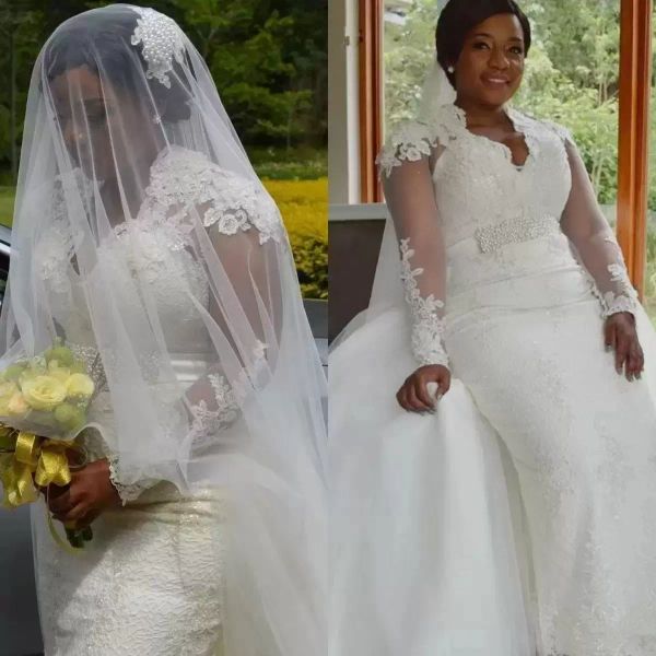 2022 long sleeves mermaid wedding dresses bridal gown with overskirt beaded crystals sweep train lace applique custom made plus size v neck, White
2022 long sleeves mermaid wedding dresses bridal gown with overskirt beaded crystals sweep train lace applique custom made plus size v neck, White