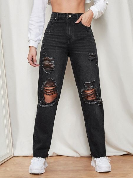 high waist ripped straight leg jeans 14se#, Blue 
high waist ripped straight leg jeans 14se#, Blue