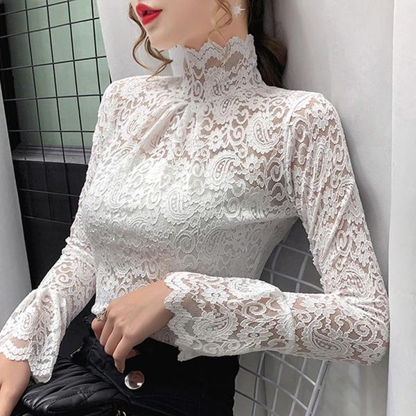 women's blouses & shirts turtleneck lace bottoming shirt women long-sleeved hollow out blouse autumn flare sleeve blusa, White
women's blouses & shirts turtleneck lace bottoming shirt women long-sleeved hollow out blouse autumn flare sleeve blusa, White