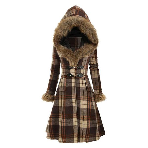 women's wool & blends winter checked jacket hooded faux fur alloy buckle slim fit warm plaid long sleeve oversize thick woolen mid leng, Black
women's wool & blends winter checked jacket hooded faux fur alloy buckle slim fit warm plaid long sleeve oversize thick woolen mid leng, Black