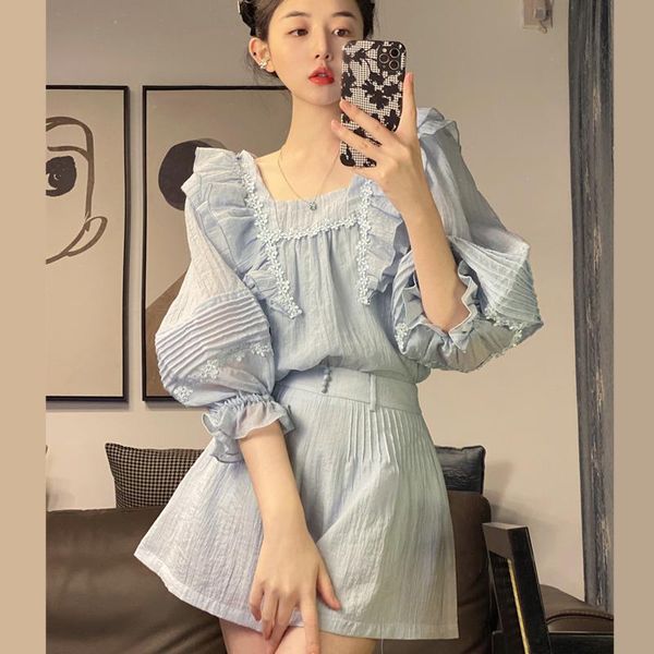 women's tracksuits autumn french sweet two piece set women lantern sleeve ruffled shirt blouse + wide leg shorts sets holiday 2 pant su, Gray
women's tracksuits autumn french sweet two piece set women lantern sleeve ruffled shirt blouse + wide leg shorts sets holiday 2 pant su, Gray