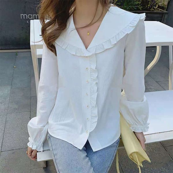 2021 autumn and winter new doll collar solid color flower button pure cotton shirt women 29mz, White
2021 autumn and winter new doll collar solid color flower button pure cotton shirt women 29mz, White