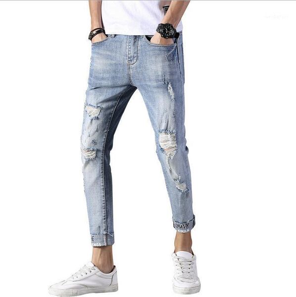 men's jeans tide men's brand summer holes trousers boys stretch slim pants cropped jeans1, Blue
men's jeans tide men's brand summer holes trousers boys stretch slim pants cropped jeans1, Blue