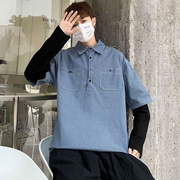 men's casual shirts double pocket front autumn spring shirt long sleeve striped slim fit turn down collar fake two pieces blouse, White;black
men's casual shirts double pocket front autumn spring shirt long sleeve striped slim fit turn down collar fake two pieces blouse, White;black