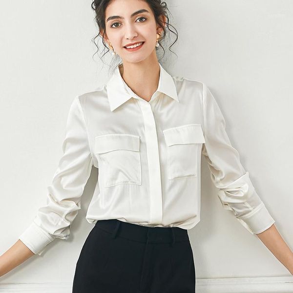 100% silk women's shirt turn down collar long sleeves front pockets fashion casual blouse blouses & shirts, White
100% silk women's shirt turn down collar long sleeves front pockets fashion casual blouse blouses & shirts, White