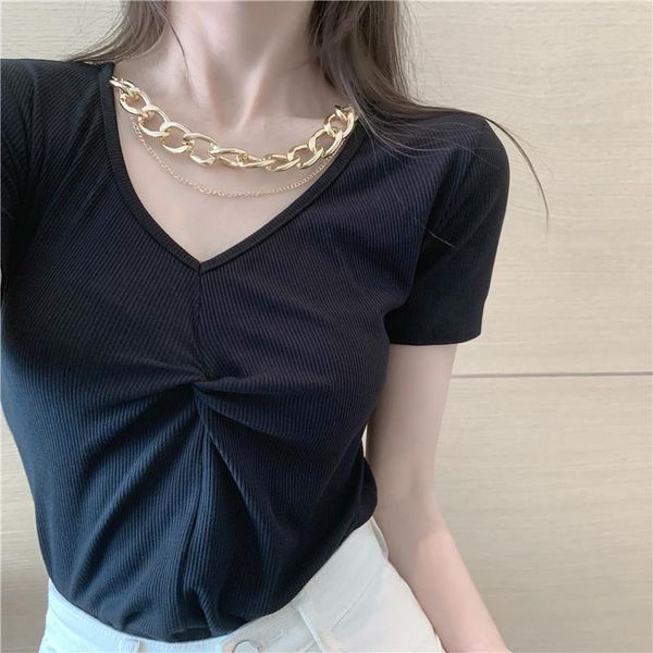 women's t-shirt korean streetwear short sleeve women v-neck chain black female summer chic ladies, White
women's t-shirt korean streetwear short sleeve women v-neck chain black female summer chic ladies, White