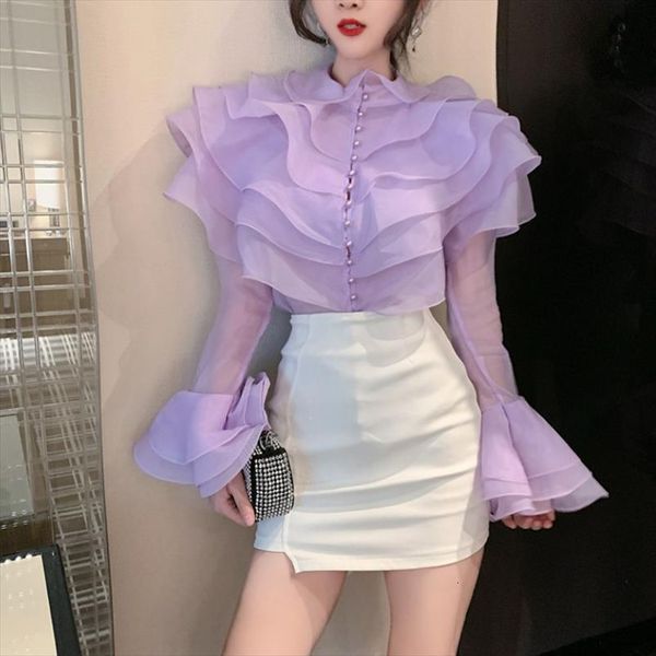 fashion pearl button purple women shirts elegant flare sleeve ruffles office ol blouses female ladies spring, White 
fashion pearl button purple women shirts elegant flare sleeve ruffles office ol blouses female ladies spring, White