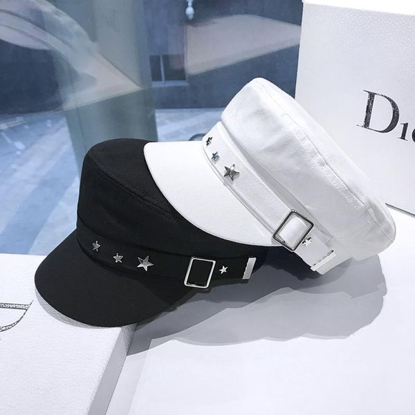 wide brim hats british style black white five-pointed star rivet navy hat for woman flat fashion belt buckle octagonal beret temperament, Blue;gray
wide brim hats british style black white five-pointed star rivet navy hat for woman flat fashion belt buckle octagonal beret temperament, Blue;gray
