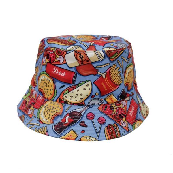 wide brim hats 2021 summer fashion bucket cap coke burger fries printed for women and men sunshade decoration casual hip hop, Blue;gray
