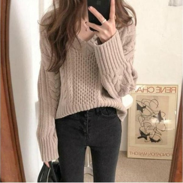 women's sweaters 2021 korean fashion thick loose pullover stitch twist sweater v-neck lazy winter clothes women, White;black
women's sweaters 2021 korean fashion thick loose pullover stitch twist sweater v-neck lazy winter clothes women, White;black
