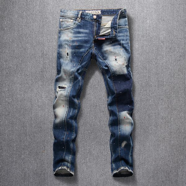 2021 new italian style fashion retro blue slim fit ripped men painted designer punk pants streetwear hip hop jeans homme u94n
2021 new italian style fashion retro blue slim fit ripped men painted designer punk pants streetwear hip hop jeans homme u94n