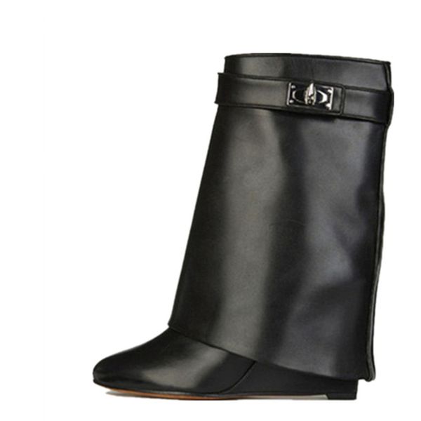 wedges womens midlength boots shark lock embellished thick soles to increase botas luxury leather western boots mujer shoes, Black
wedges womens midlength boots shark lock embellished thick soles to increase botas luxury leather western boots mujer shoes, Black