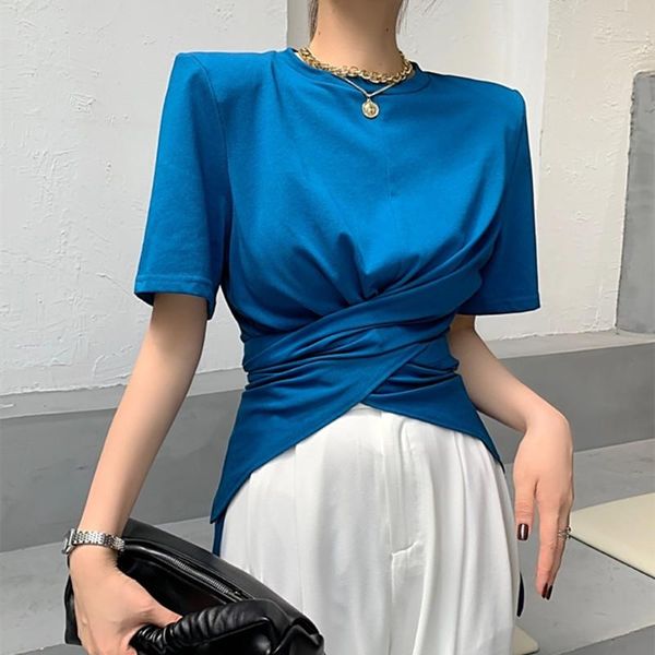women's blouses & shirts summer round neck short sleeve cross waist belt irregular design sense office lady casual solid color clothing, White
women's blouses & shirts summer round neck short sleeve cross waist belt irregular design sense office lady casual solid color clothing, White
