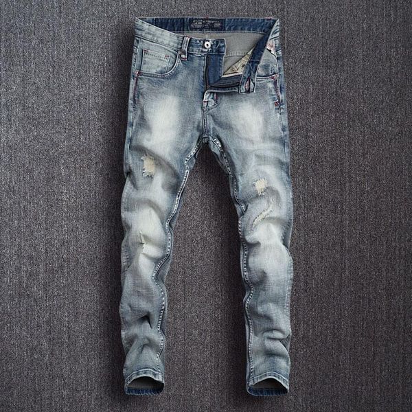 men's jeans european vintage fashion men retro light blue elastic slim fit ripped patchwork designer casual denim pants
men's jeans european vintage fashion men retro light blue elastic slim fit ripped patchwork designer casual denim pants