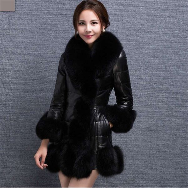 designerjacket long korean new women's middle winter imitation haining fox fur collar slim pu coat, Black
designerjacket long korean new women's middle winter imitation haining fox fur collar slim pu coat, Black