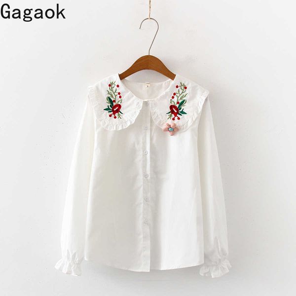 women sweet embroidery blouse spring autumn peter pan collar butterfly sleeve floral casual wild female fashion shirt 210531, White
women sweet embroidery blouse spring autumn peter pan collar butterfly sleeve floral casual wild female fashion shirt 210531, White