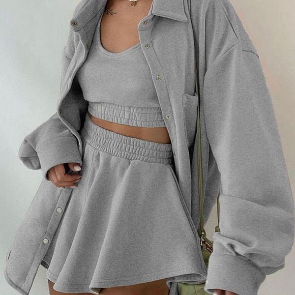 women's tracksuits female solid streetwear three piece set autumn long sleeve blouse shorts tank outfits woman casual lapel pockets mat, Gray
women's tracksuits female solid streetwear three piece set autumn long sleeve blouse shorts tank outfits woman casual lapel pockets mat, Gray