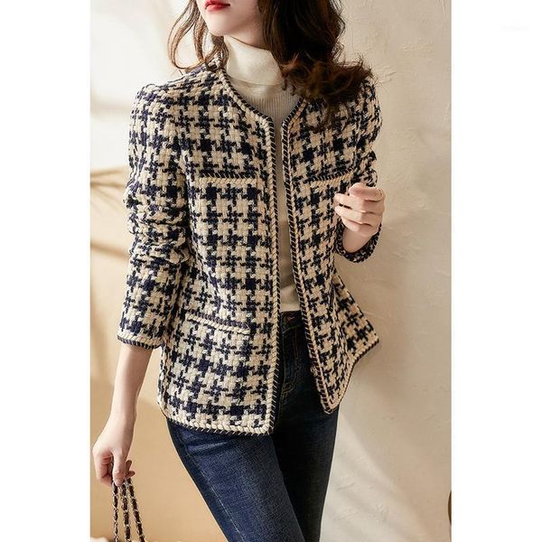 women's wool & blends korean small fragrance jacket short spring and winter french ladies all-match houndstooth woven tweed coat jacket, Black
women's wool & blends korean small fragrance jacket short spring and winter french ladies all-match houndstooth woven tweed coat jacket, Black