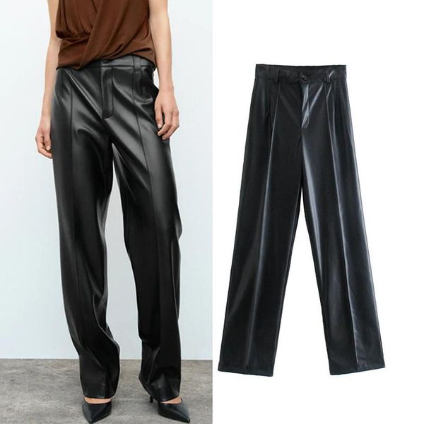 women's pants & capris za high waist women 2021 fall fashion pu leather wide-leg high-waist casual street youth, Black;white
women's pants & capris za high waist women 2021 fall fashion pu leather wide-leg high-waist casual street youth, Black;white
