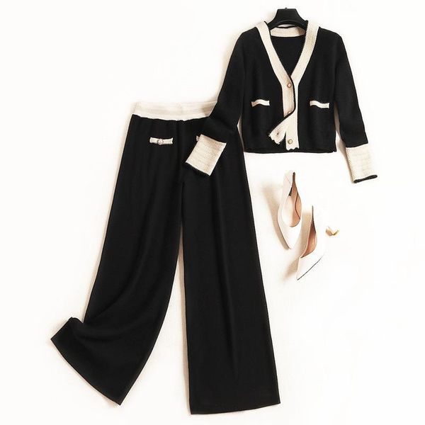 european casual pants women 2 piece set women 2021 autumn color contrast single-breasted knitwear straight pants two piece set, White
european casual pants women 2 piece set women 2021 autumn color contrast single-breasted knitwear straight pants two piece set, White