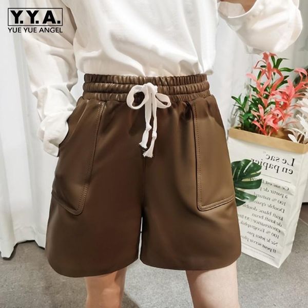 women's shorts street women elastic waist genuine leather wide leg lace up casual loose sheepskin high quality, White;black
women's shorts street women elastic waist genuine leather wide leg lace up casual loose sheepskin high quality, White;black