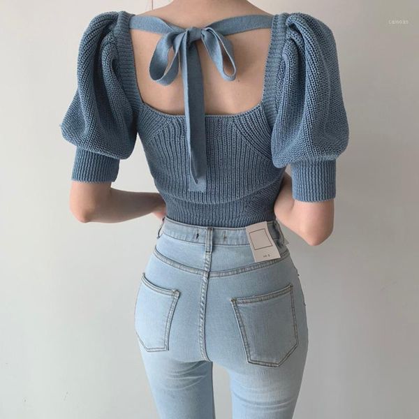 women's sweaters backless lace up knitted sweater women korean chic square collar puff sleeve female summer pullover casual slim jumper, White;black
women's sweaters backless lace up knitted sweater women korean chic square collar puff sleeve female summer pullover casual slim jumper, White;black