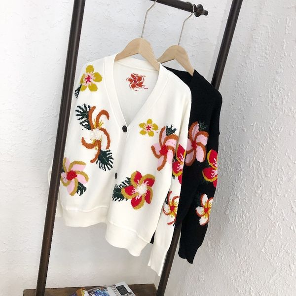 flower autumn and winter new v-neck single breasted flower long sleeve loose knit cardigan sweater coat women, White
flower autumn and winter new v-neck single breasted flower long sleeve loose knit cardigan sweater coat women, White
