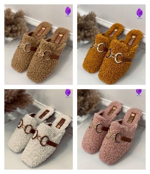 2021 2022 women luxury soft casual women slippers fluffy teddy, Black