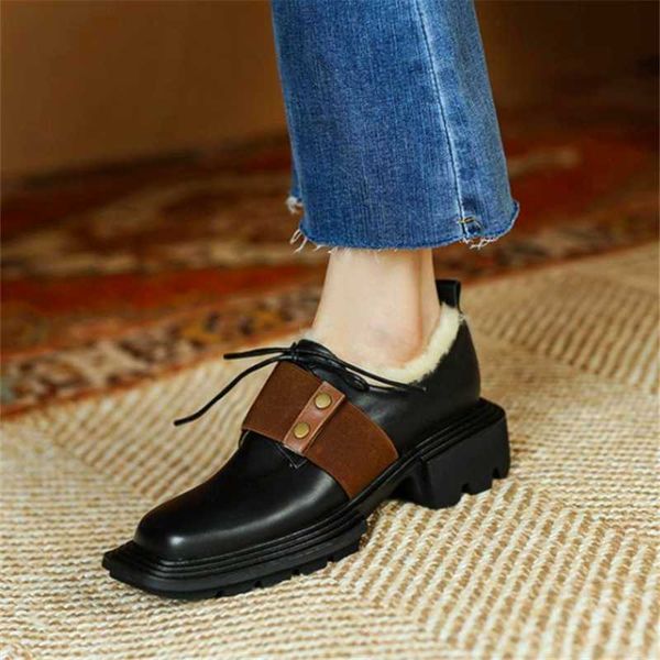 dress shoes metal buckle design women's single square toe thick-soled winter wool fashion casual, Black