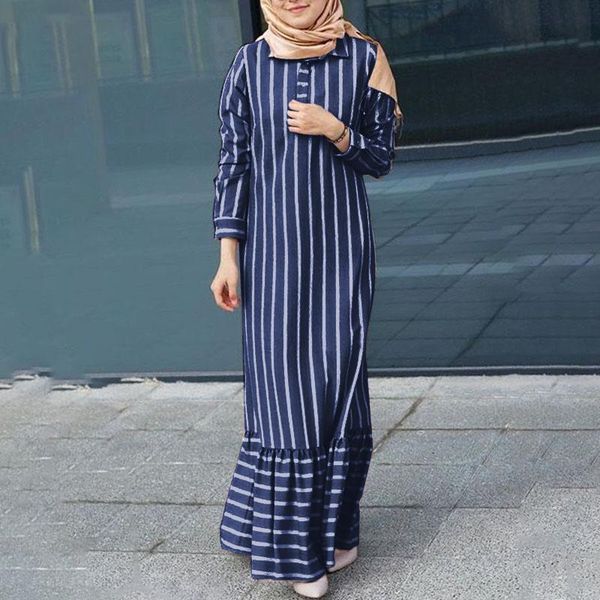 stylish muslim striped dress women's ruffle sundress zanzea 2021 casual long sleeve maxi vestidos female lapel button robe s-5xl, Black;gray
stylish muslim striped dress women's ruffle sundress zanzea 2021 casual long sleeve maxi vestidos female lapel button robe s-5xl, Black;gray