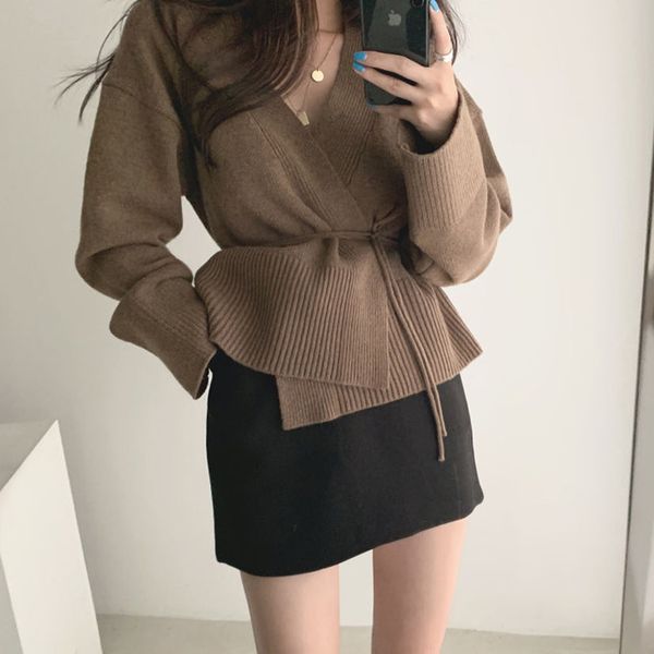 2021 korean spring womens sweater v-neck lace up waist long sleeve solid color knitted cardigan coat fashion zc127, Black;brown
2021 korean spring womens sweater v-neck lace up waist long sleeve solid color knitted cardigan coat fashion zc127, Black;brown