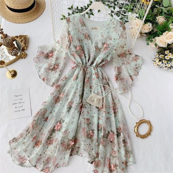 mozuleva women chiffon dress summer v-neck flare sleeve floral sweet tulle dress elegant ladies irregularity robe 210309, Black;gray 
mozuleva women chiffon dress summer v-neck flare sleeve floral sweet tulle dress elegant ladies irregularity robe 210309, Black;gray