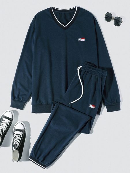 men letter patch detail striped trim sweatshirt & drawstring waist sweatpants 86cf#, Gray
men letter patch detail striped trim sweatshirt & drawstring waist sweatpants 86cf#, Gray
