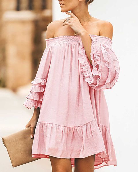 women fashion casual loose fit ruffled sleeve mini dress solid off shoulder long sleeve frill hem oversize dress 210716, Black;gray
women fashion casual loose fit ruffled sleeve mini dress solid off shoulder long sleeve frill hem oversize dress 210716, Black;gray