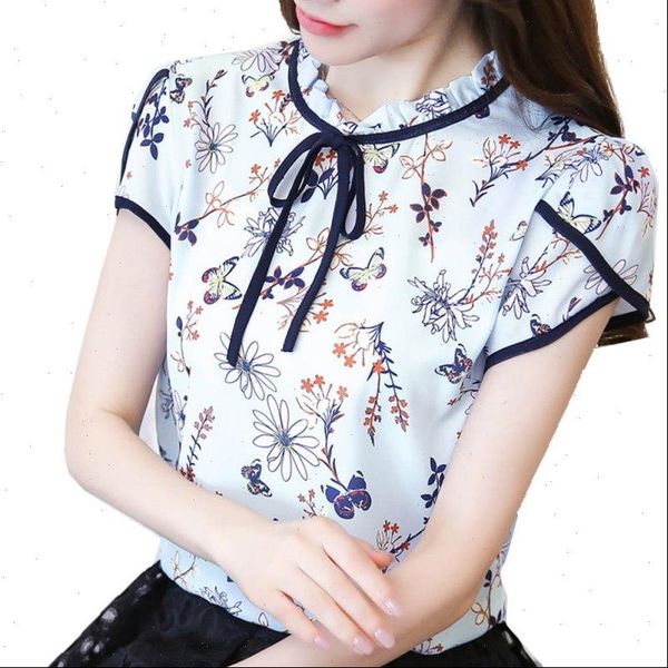 women summer floral print chiffon blouse collar bow neck shirt petal short sleeve chiffon blusas femininas plus size, White
women summer floral print chiffon blouse collar bow neck shirt petal short sleeve chiffon blusas femininas plus size, White