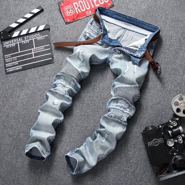 men's jeans 2021 pleated motorcycle youth pencil pants slim stretch light color hole, Blue
men's jeans 2021 pleated motorcycle youth pencil pants slim stretch light color hole, Blue