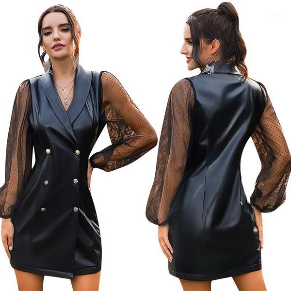 women's double breasted leather dress classic mesh long sleeve slim fit plain lapel elegant ladies party dresses casual, Black;gray
women's double breasted leather dress classic mesh long sleeve slim fit plain lapel elegant ladies party dresses casual, Black;gray