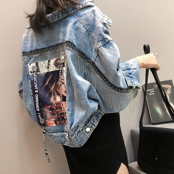 women's jackets spring autumn women fashion denim jacket short coat beading tassel print jeans female loose long sleeve 2021, Black;brown
women's jackets spring autumn women fashion denim jacket short coat beading tassel print jeans female loose long sleeve 2021, Black;brown