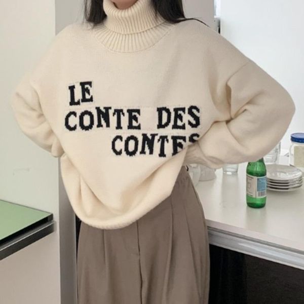 women's sweaters gentle design loose letter embroidery pullover sweater winter high neck knit women, White;black
women's sweaters gentle design loose letter embroidery pullover sweater winter high neck knit women, White;black