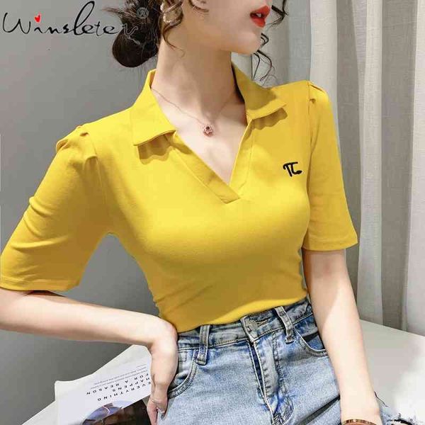 women's t-shirt summer korean style cotton solid fashion polo collar v-neck embroidery women puff sleeve casual tees t15, White
women's t-shirt summer korean style cotton solid fashion polo collar v-neck embroidery women puff sleeve casual tees t15, White