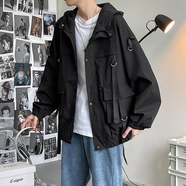 men's jackets 2021 autumn men hooded solid harajuku windbreaker ribbons overcoat male casual outwear hip hop streetwear coats, Black;brown
men's jackets 2021 autumn men hooded solid harajuku windbreaker ribbons overcoat male casual outwear hip hop streetwear coats, Black;brown