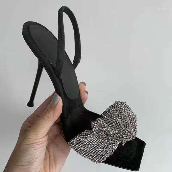 dress shoes women pumps elegant pointed toe rhinestones high heels wedding crystal heeled slingback sandals sexy1, Black